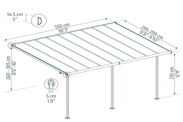 Wymiary produktu Abri de terrasse en aluminium Sierra Palram - Canopia 3 x 5,46 brun/gris - 555x299x260