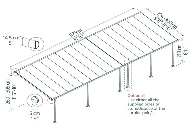 Wymiary produktu Pergola en polycarbonate Feria Palram - Auvent 3 x 9,71 m gris - 295x971x305