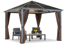 Gazebo de jardin Milos 3x3m avec rideaux bruns Garden Point