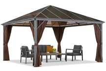 Gazebo de jardin Milos 4x4m avec rideaux bruns Garden Point